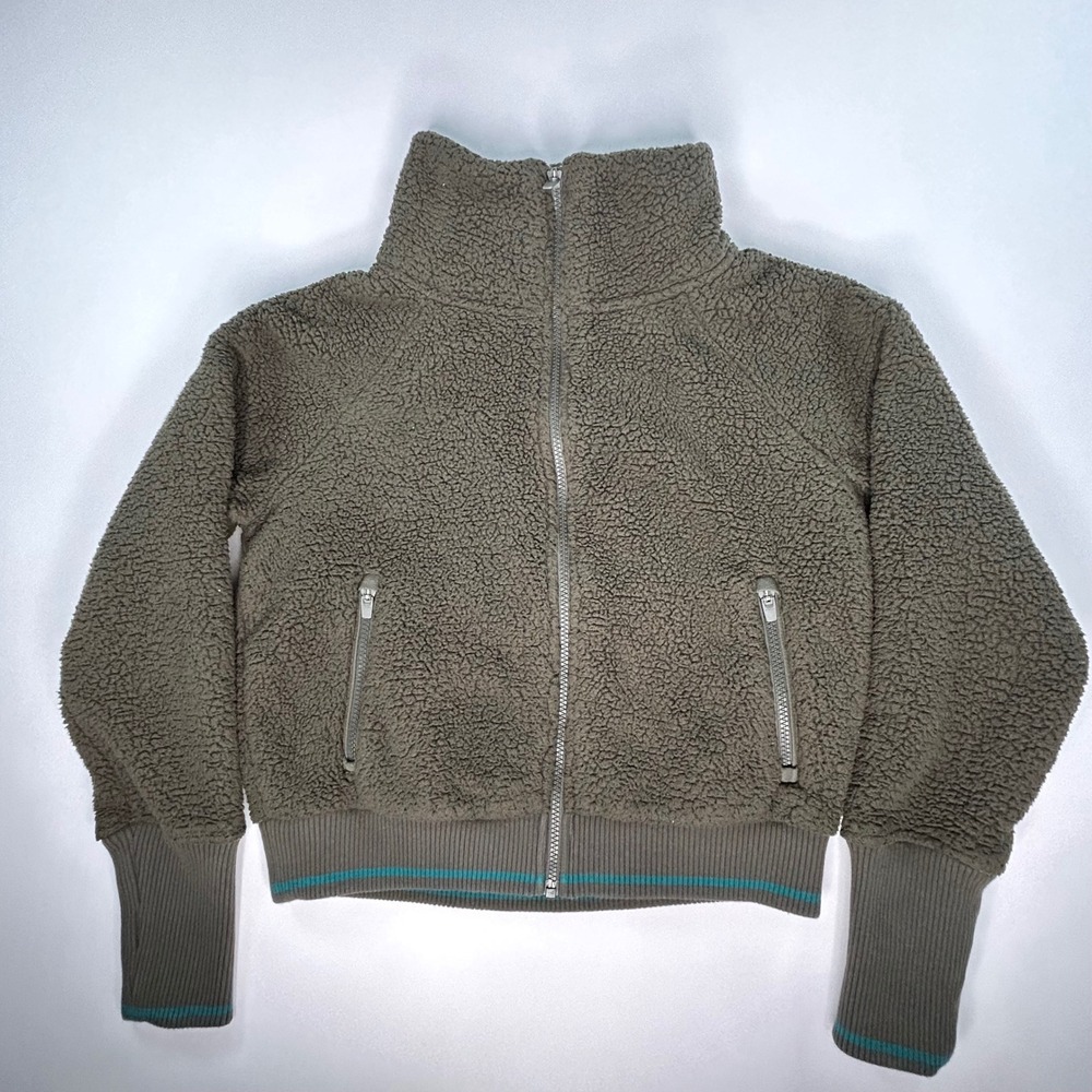 Athleta Womens Small Olive Green Teddy Sherpa Fleece Full Zip Jacket Size Small